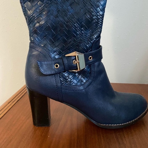 Navy Woven Heeled Rider Boots - Picture 5 of 7